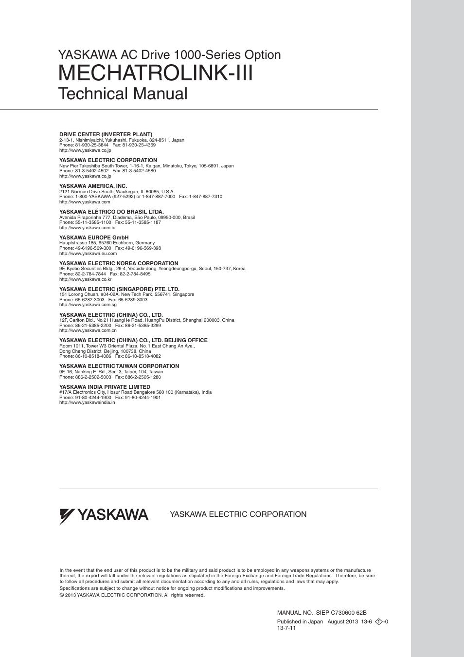 Back cover, Mechatrolink-iii, Technical manual | Yaskawa ac drive 1000-series option, Yaskawa electric corporation | Yaskawa SI-ET3 User Manual | Page 49 / 49