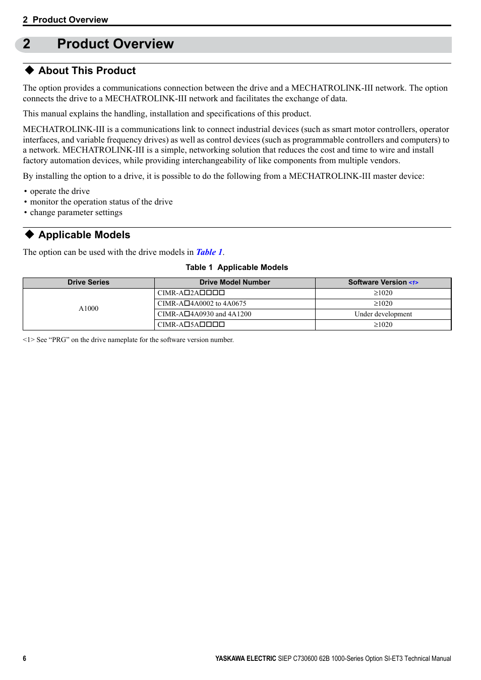 2 product overview, About this product, Applicable models | 2product overview | Yaskawa SI-ET3 User Manual | Page 6 / 49