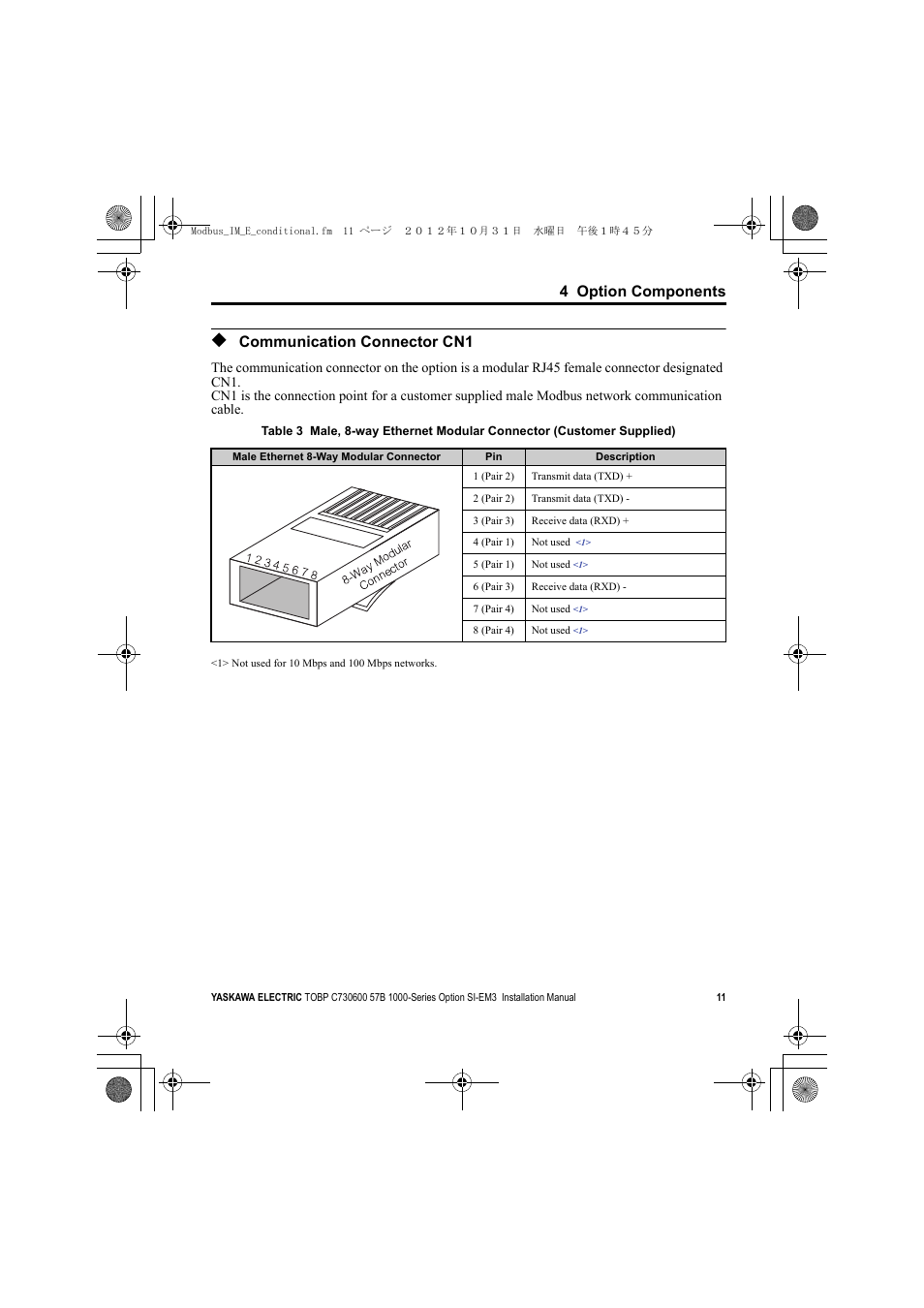 Communication connector cn1 | Yaskawa Modbus TCP/IP Installation User Manual | Page 11 / 51