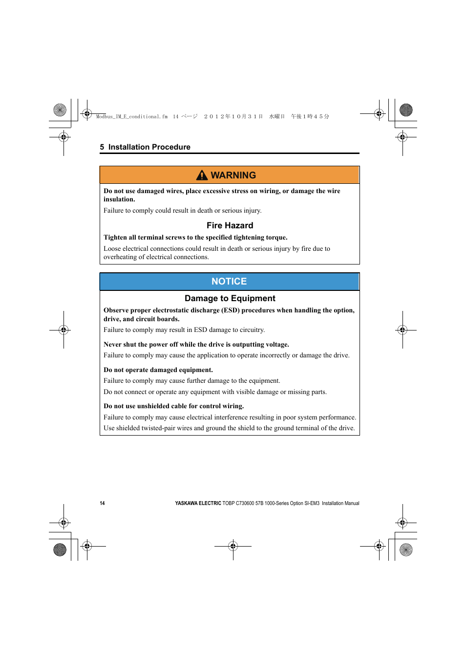 Notice, W arning | Yaskawa Modbus TCP/IP Installation User Manual | Page 14 / 51