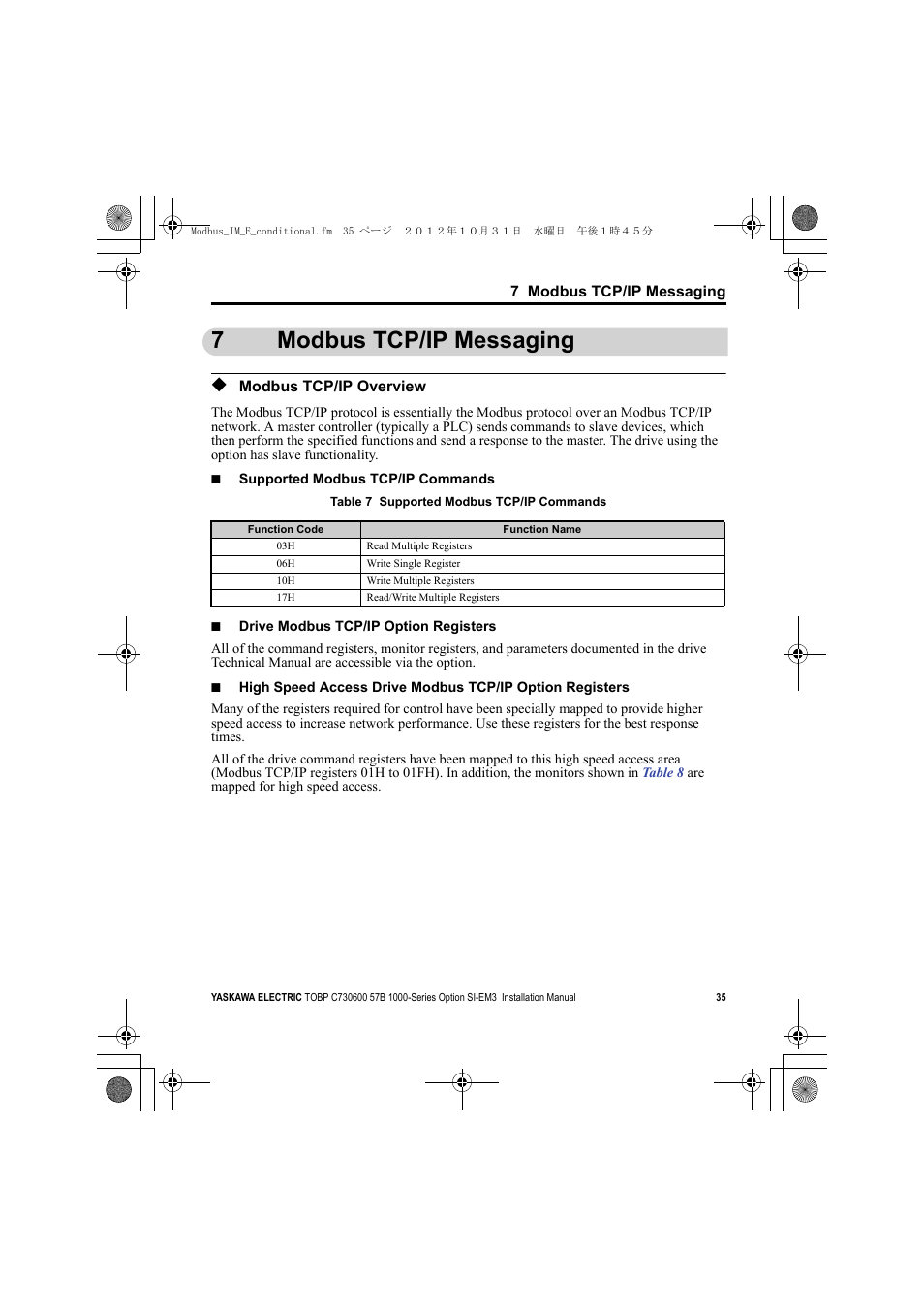 7 modbus tcp/ip messaging, Modbus tcp/ip overview, 7modbus tcp/ip messaging | Yaskawa Modbus TCP/IP Installation User Manual | Page 35 / 51