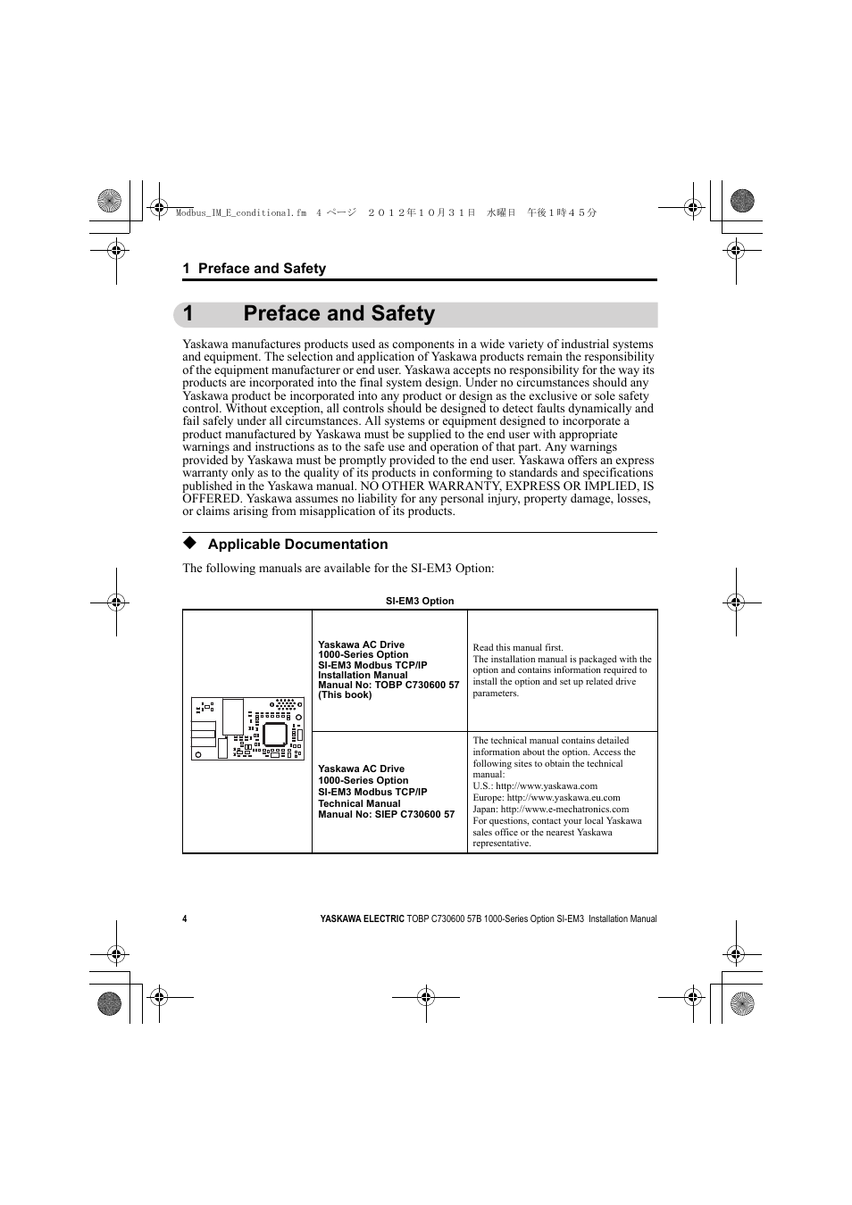 1 preface and safety, Applicable documentation, 1preface and safety | Yaskawa Modbus TCP/IP Installation User Manual | Page 4 / 51