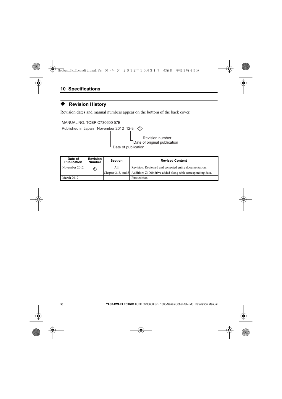 Revision history, A1000 | Yaskawa Modbus TCP/IP Installation User Manual | Page 50 / 51