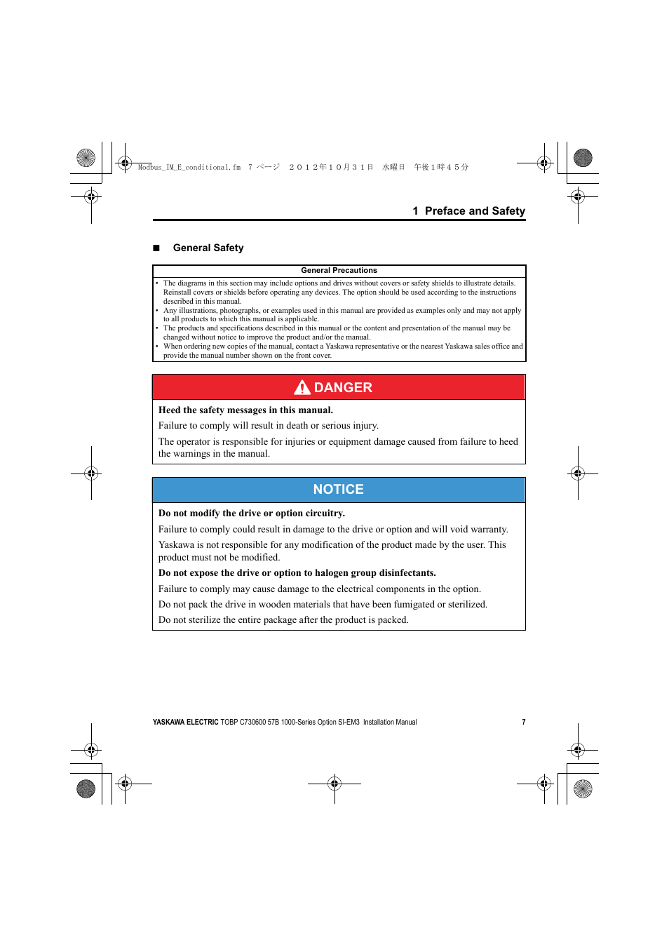 Danger, Notice | Yaskawa Modbus TCP/IP Installation User Manual | Page 7 / 51