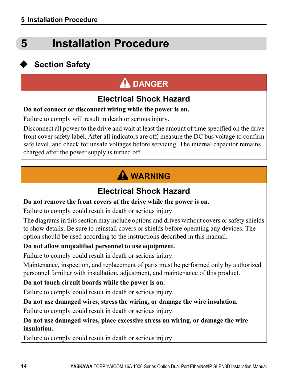 Installation procedure, Section safety, 5installation procedure | Yaskawa EtherNet/IP User Manual | Page 14 / 50