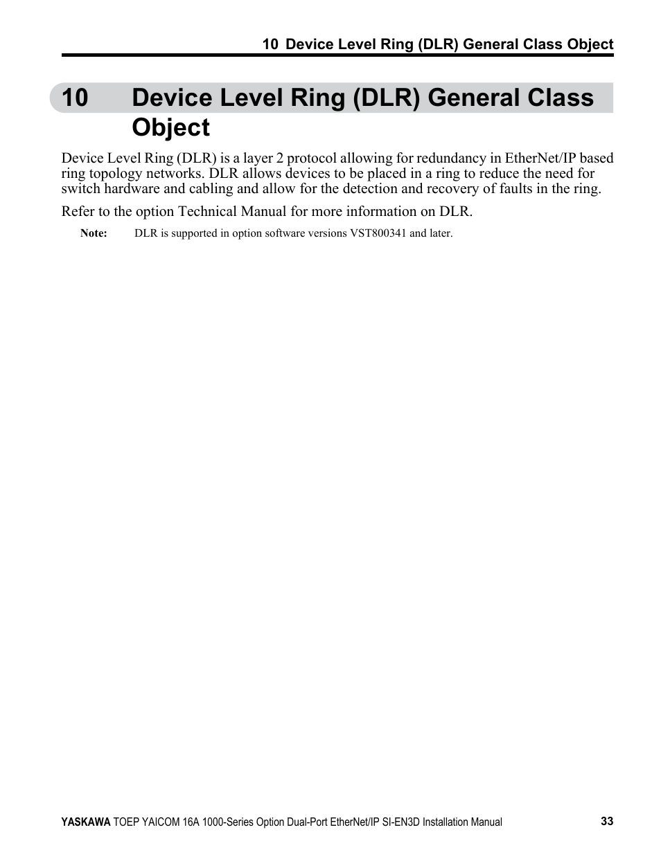 Device level ring (dlr) general class object, 10 device level ring (dlr) general class object | Yaskawa EtherNet/IP User Manual | Page 33 / 50