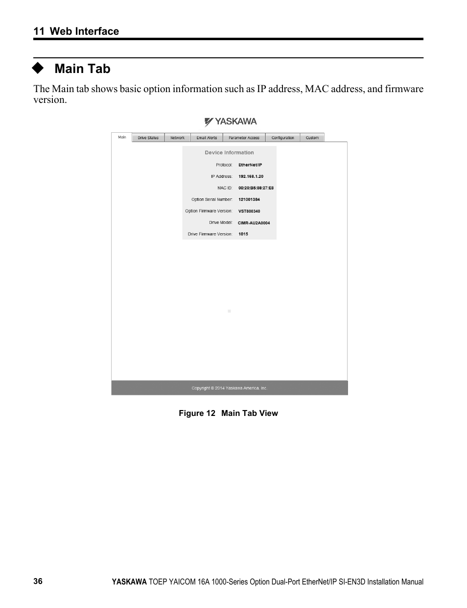 Main tab | Yaskawa EtherNet/IP User Manual | Page 36 / 50