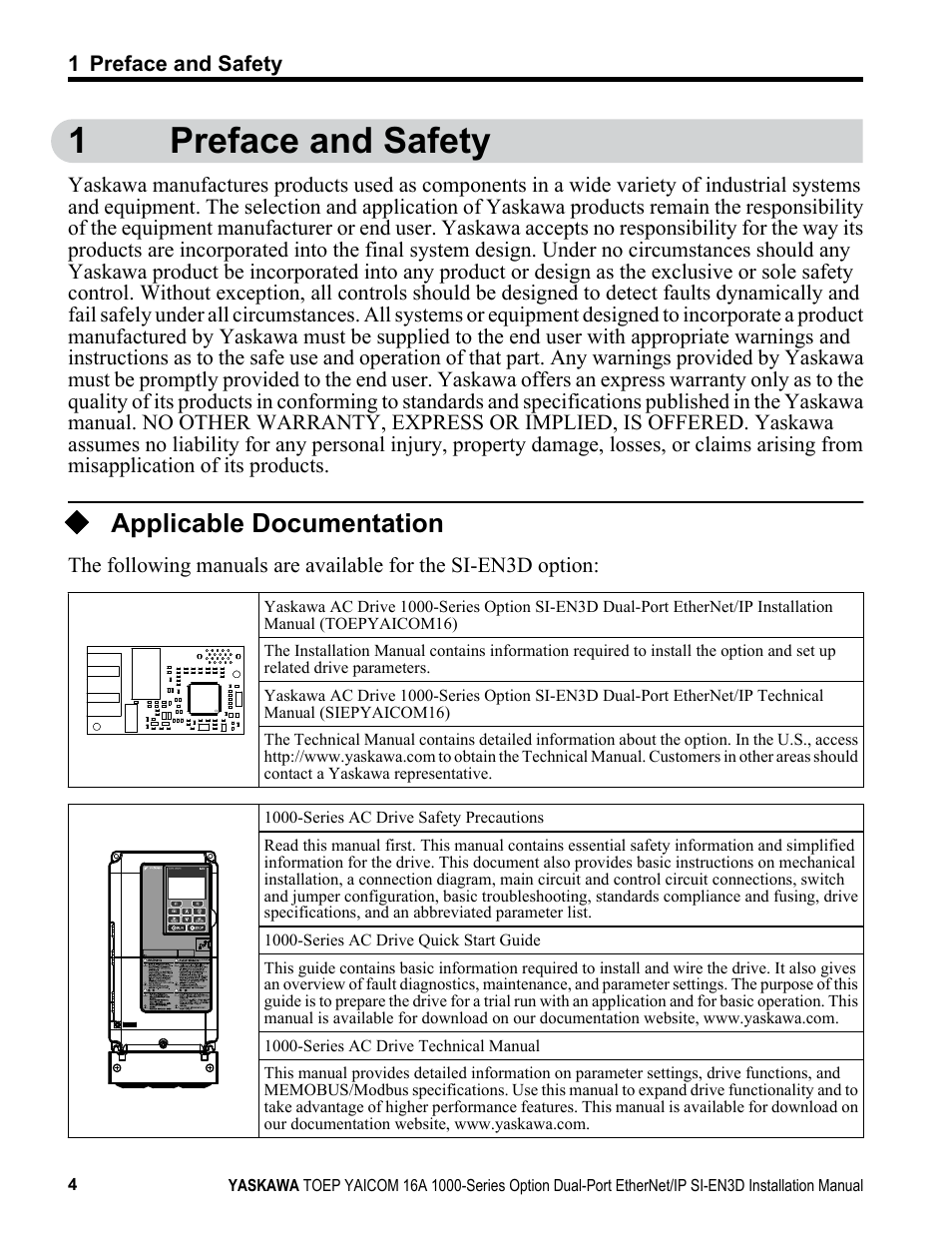 Preface and safety, Applicable documentation, 1preface and safety | Yaskawa EtherNet/IP User Manual | Page 4 / 50