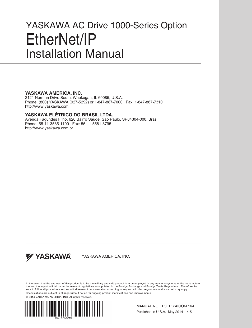 Ethernet/ip, Installation manual, Yaskawa ac drive 1000-series option | Yaskawa EtherNet/IP User Manual | Page 50 / 50