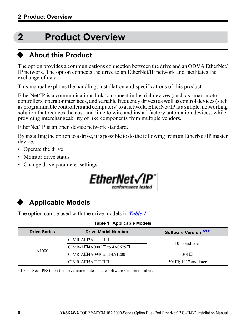 Product overview, About this product, Applicable models | 2product overview | Yaskawa EtherNet/IP User Manual | Page 8 / 50