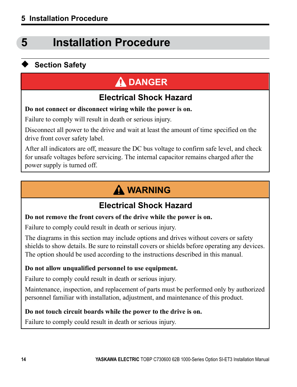 5 installation procedure, Section safety, 5installation procedure | Yaskawa MECHATROLINK-III User Manual | Page 14 / 35