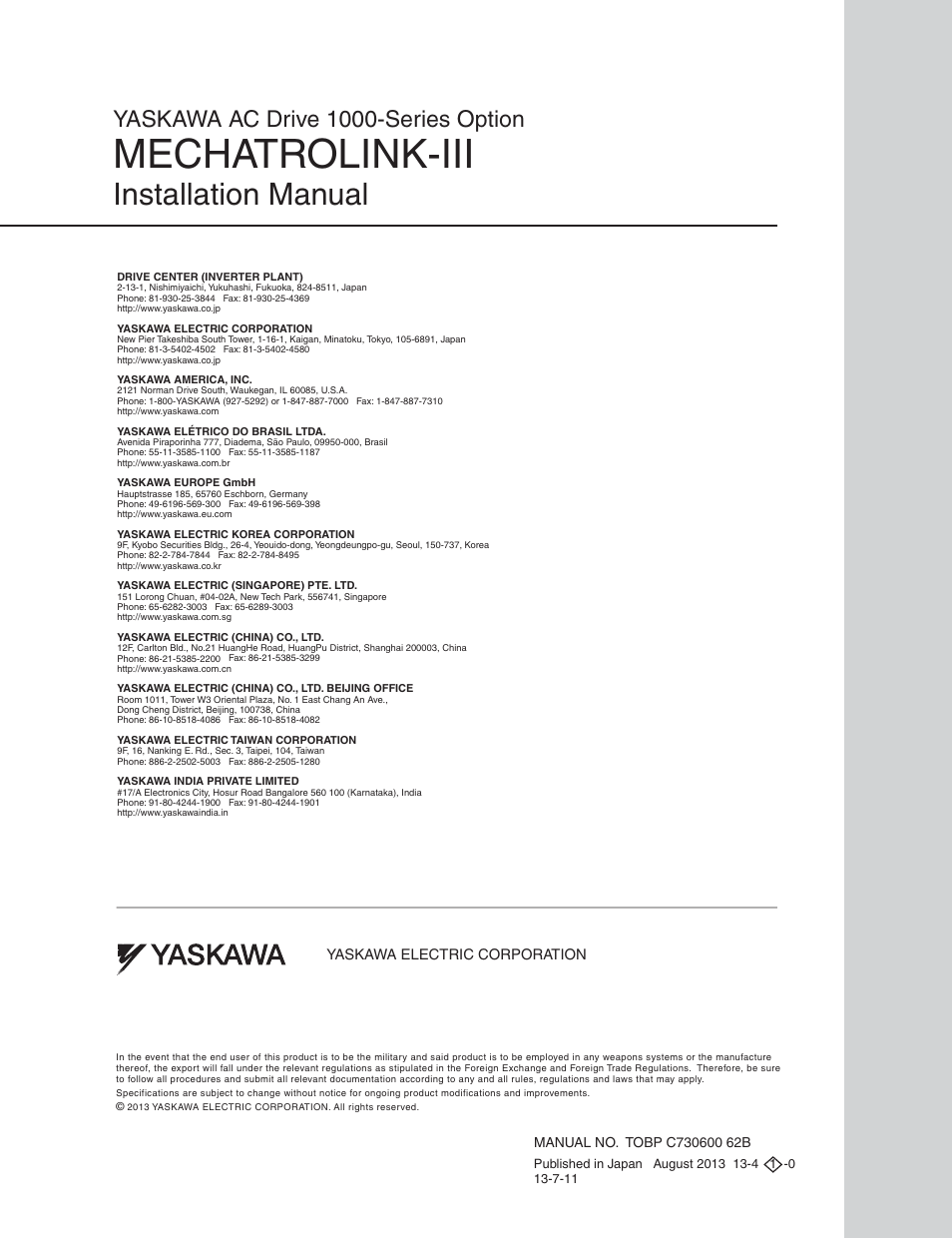 Back cover, Mechatrolink-iii, Installation manual | Yaskawa ac drive 1000-series option | Yaskawa MECHATROLINK-III User Manual | Page 35 / 35