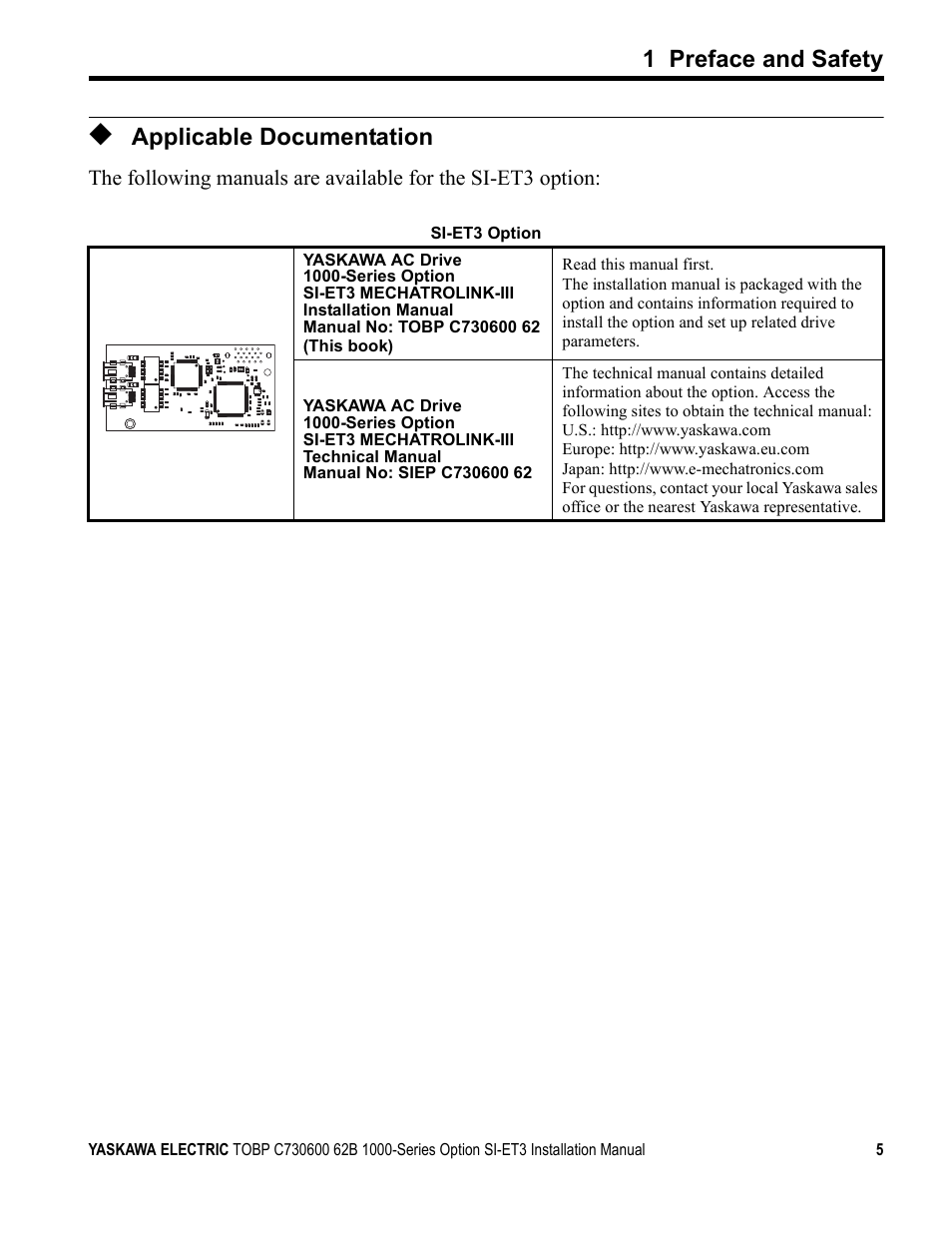 Applicable documentation, 1 preface and safety | Yaskawa MECHATROLINK-III User Manual | Page 5 / 35