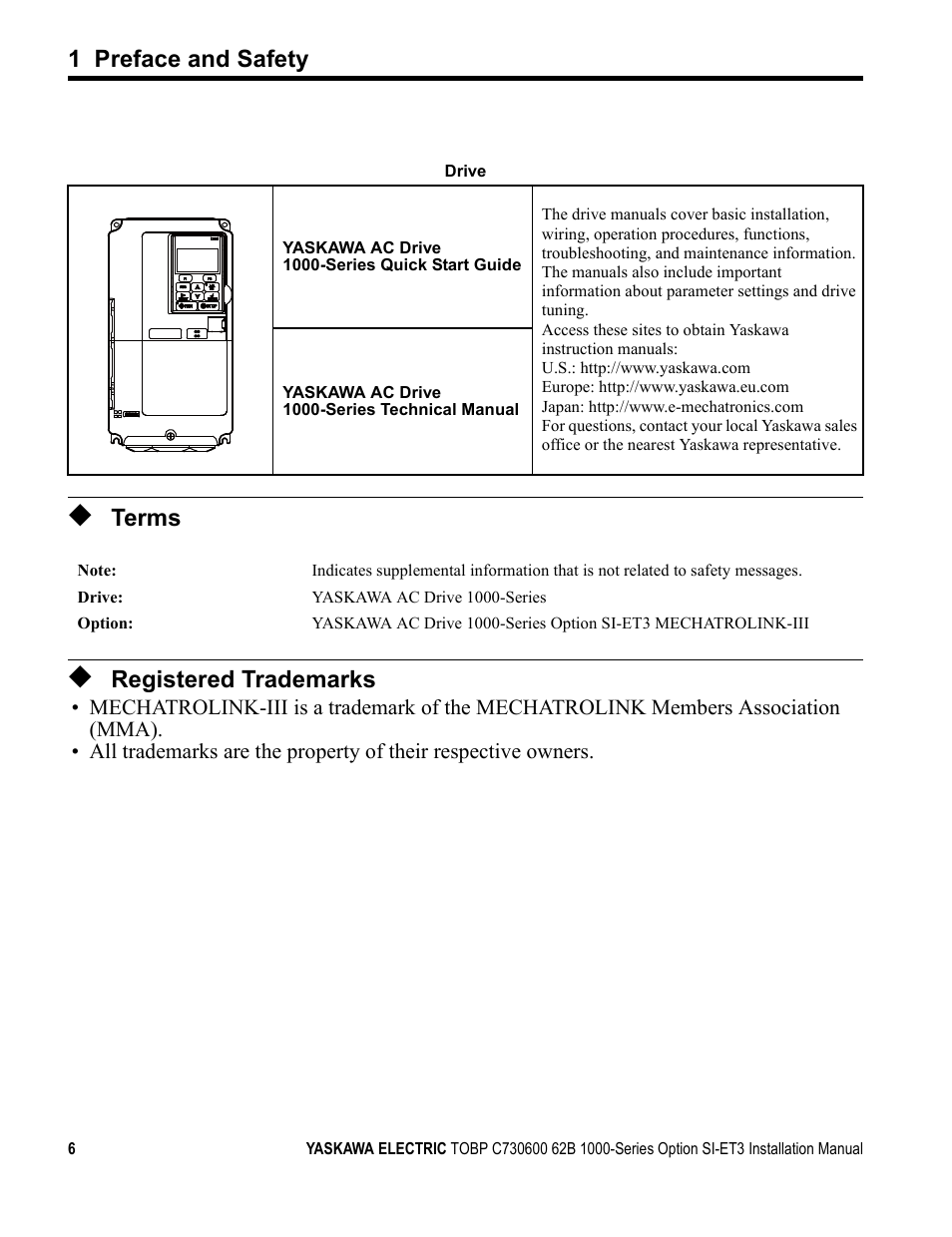 Terms, Registered trademarks, 1 preface and safety | Yaskawa MECHATROLINK-III User Manual | Page 6 / 35