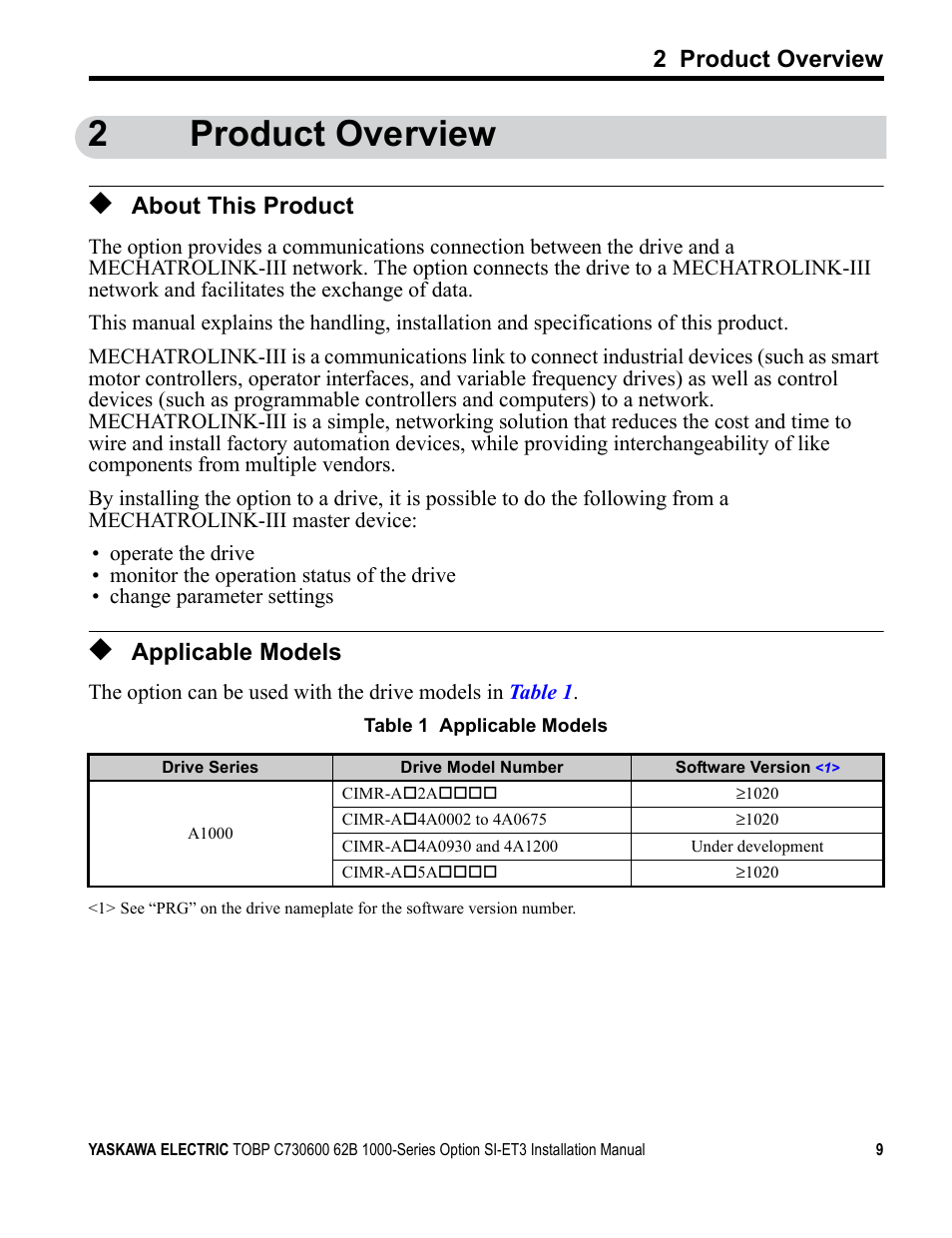2 product overview, About this product, Applicable models | 2product overview | Yaskawa MECHATROLINK-III User Manual | Page 9 / 35