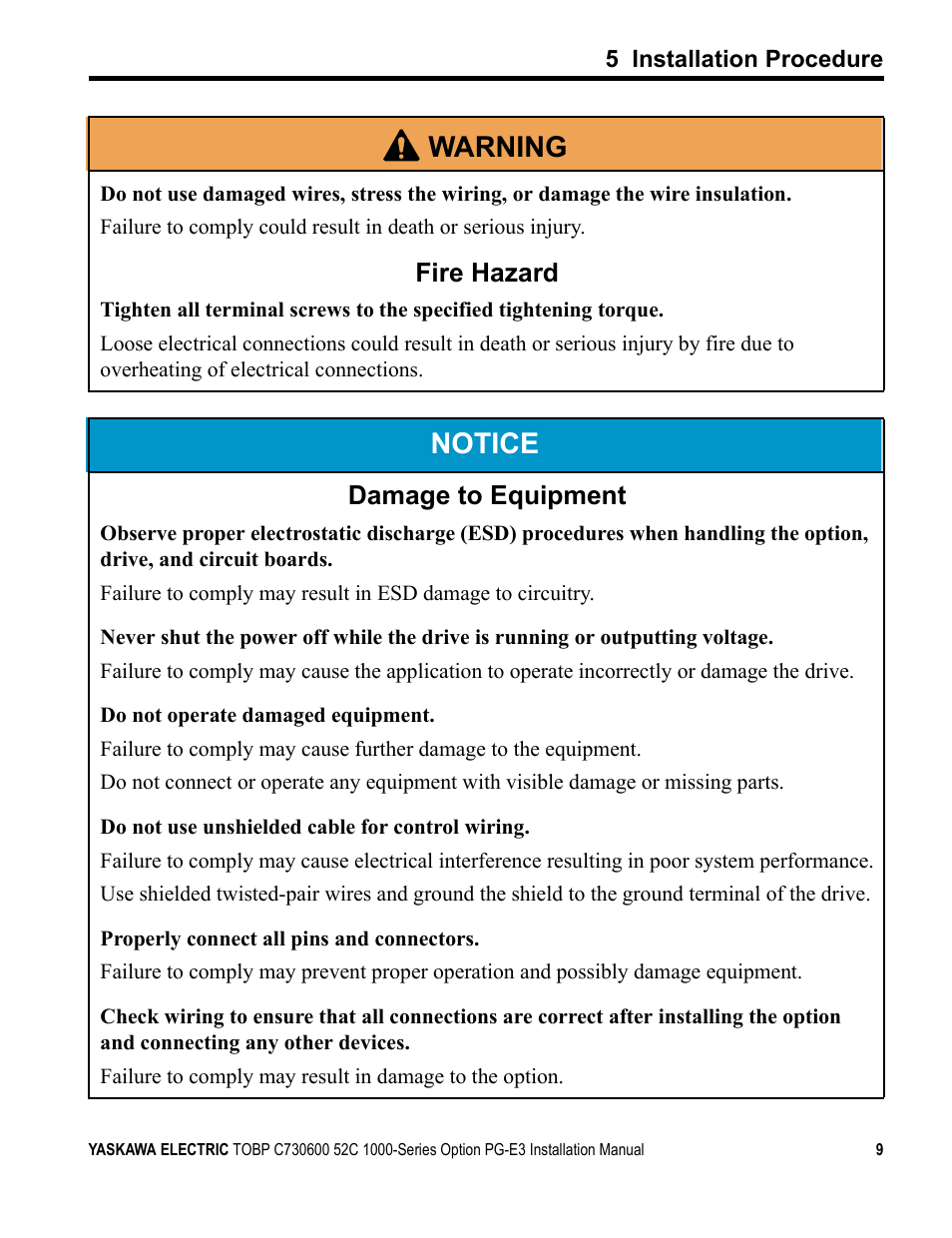 Notice, W arning, Fire hazard | Damage to equipment | Yaskawa PG-E3 Motor Encoder Feedback User Manual | Page 10 / 33