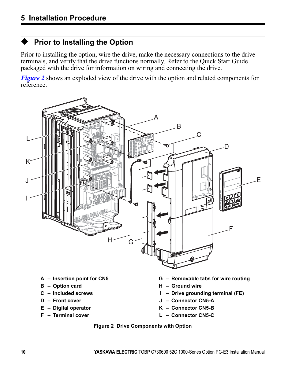 Prior to installing the option, 5 installation procedure | Yaskawa PG-E3 Motor Encoder Feedback User Manual | Page 11 / 33