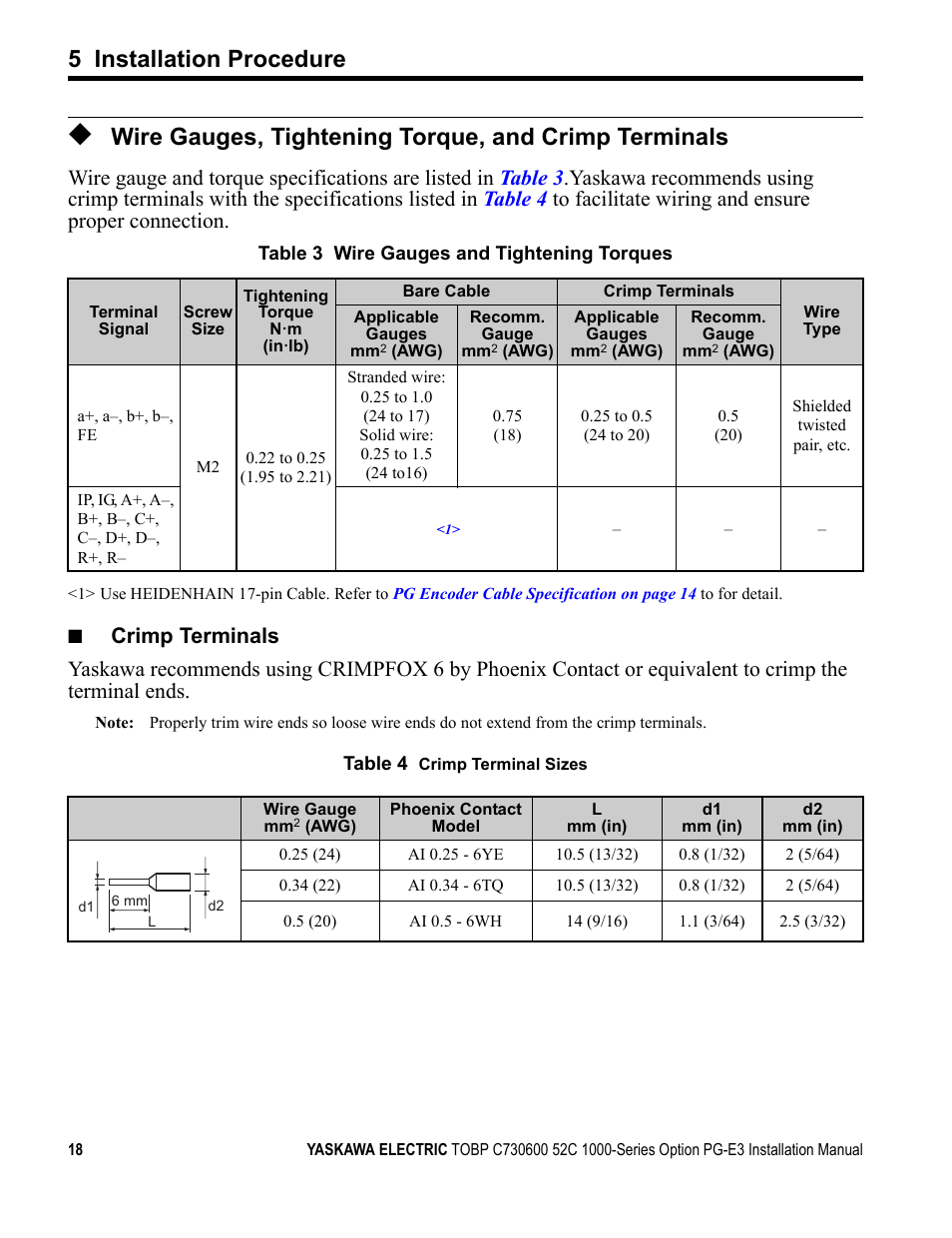 Refer to wire gauges and tightening, 5 installation procedure | Yaskawa PG-E3 Motor Encoder Feedback User Manual | Page 19 / 33