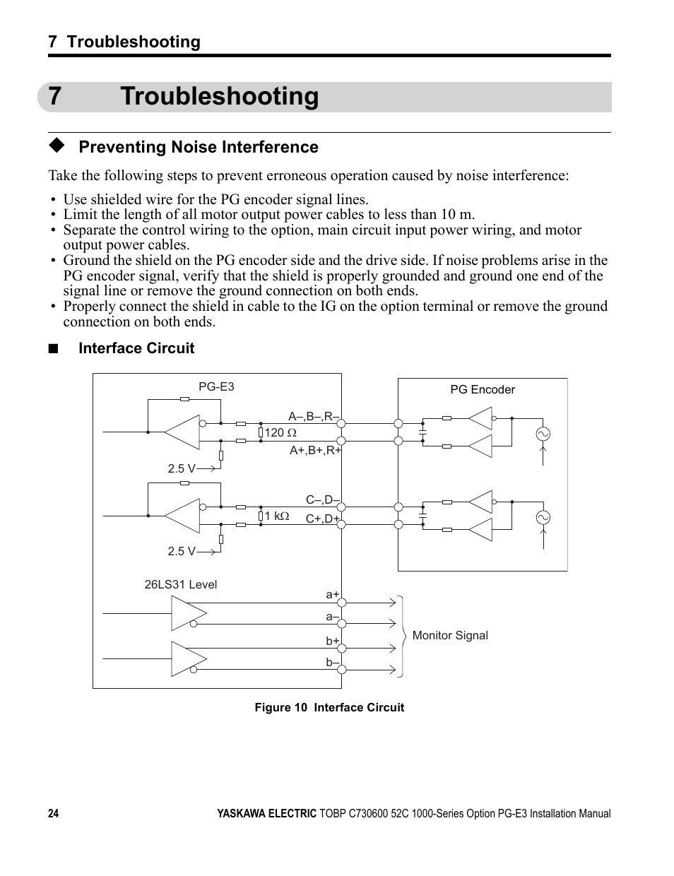 7 troubleshooting, Preventing noise interference, 7troubleshooting | Yaskawa PG-E3 Motor Encoder Feedback User Manual | Page 25 / 33