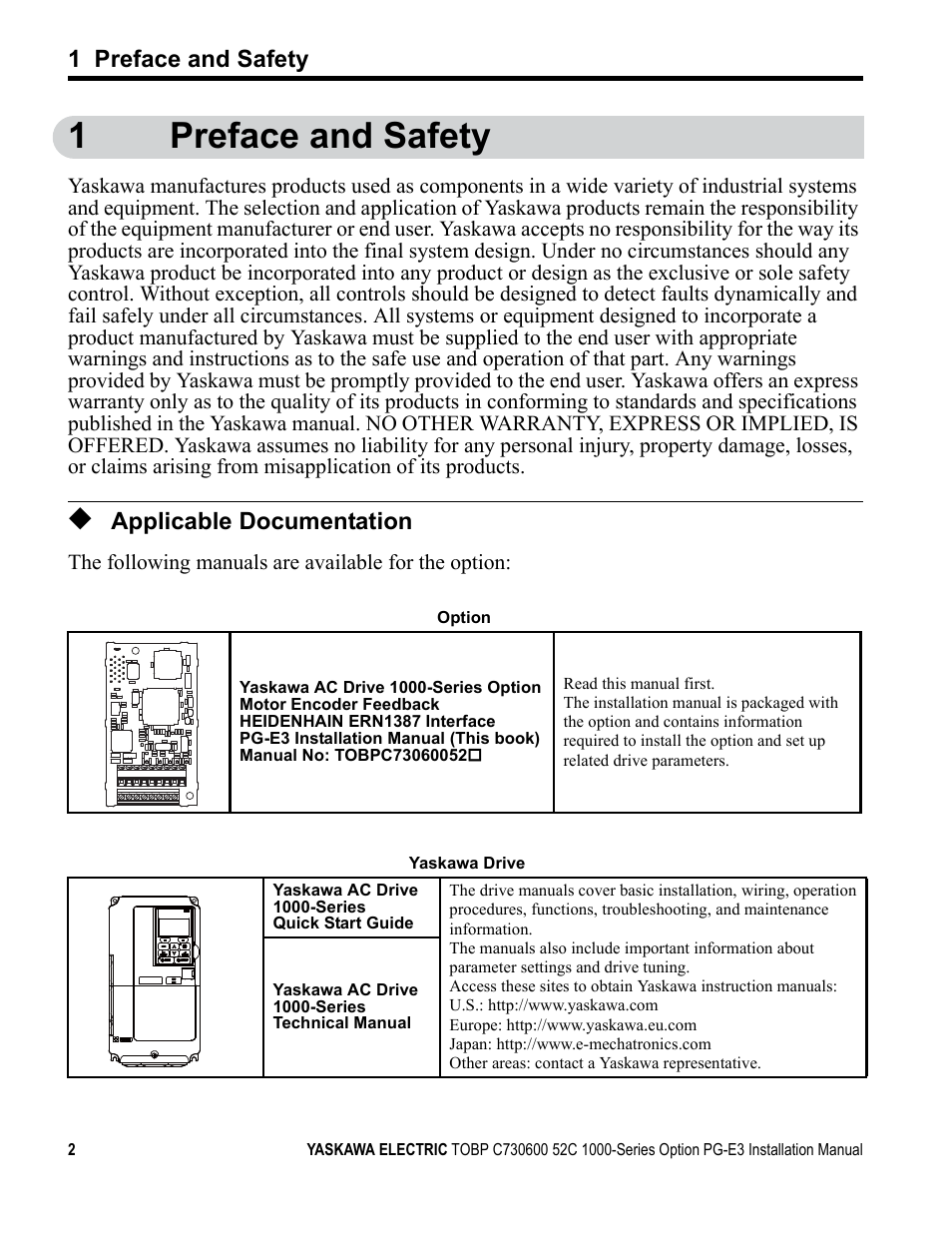1 preface and safety, Applicable documentation, 1preface and safety | Yaskawa PG-E3 Motor Encoder Feedback User Manual | Page 3 / 33