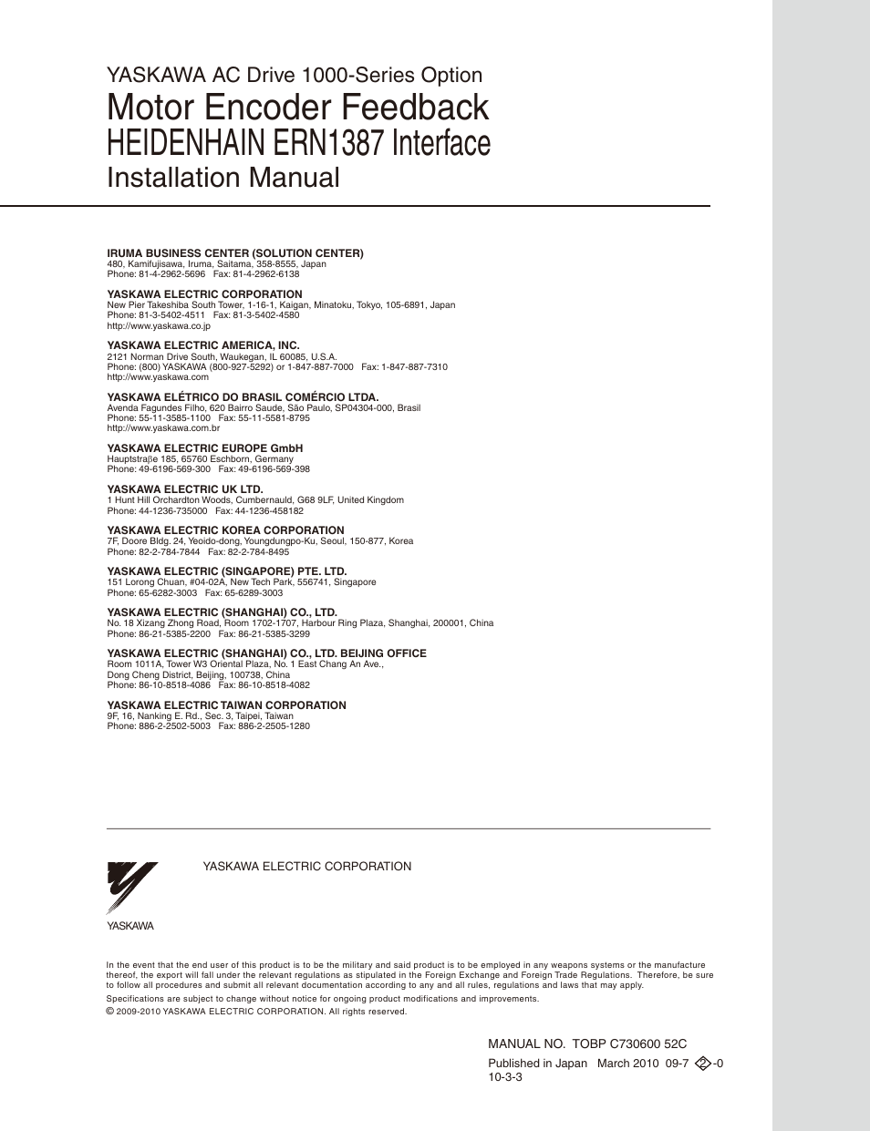 Back cover, Installation manual, Yaskawa ac drive 1000-series option | Yaskawa PG-E3 Motor Encoder Feedback User Manual | Page 33 / 33