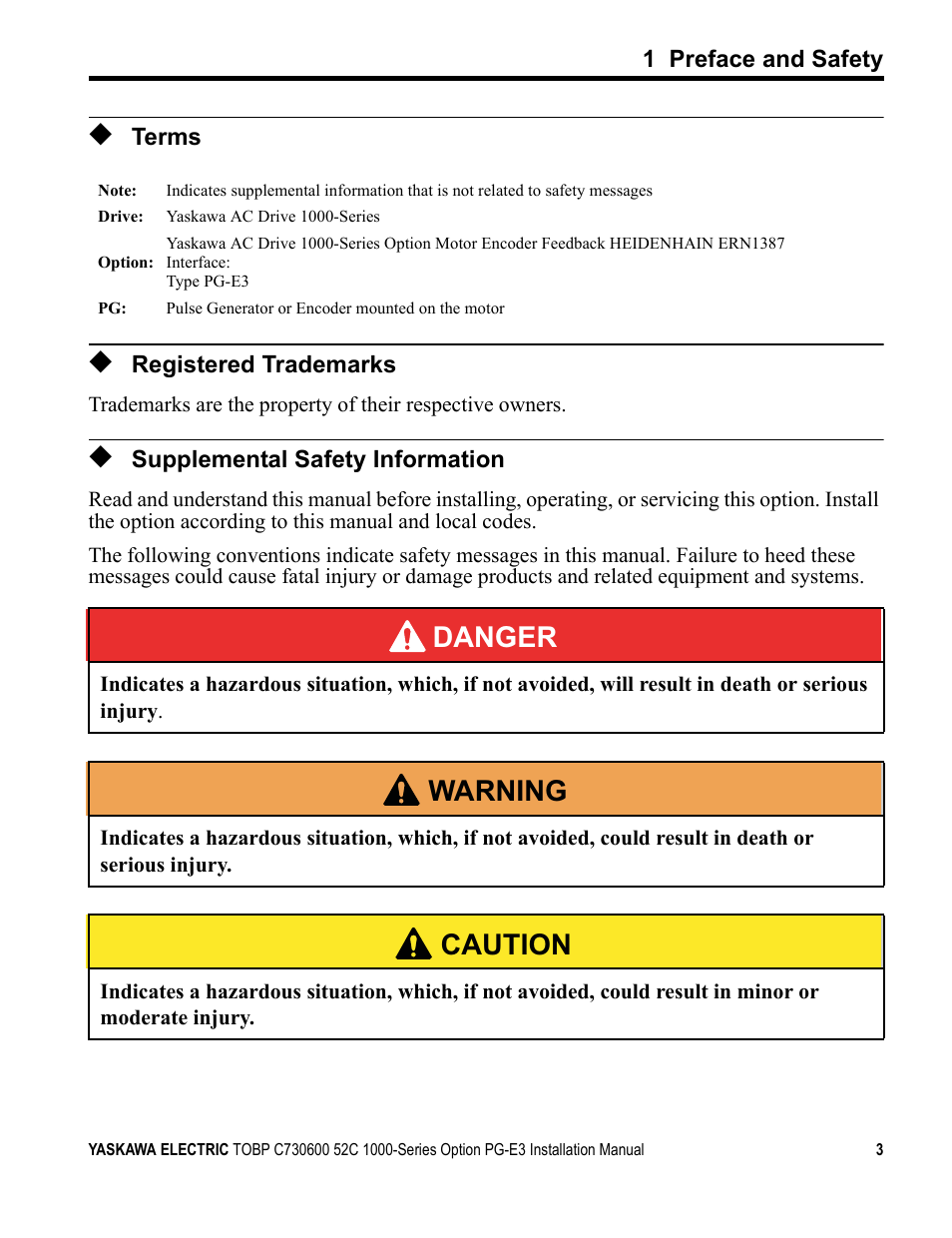 Terms, Registered trademarks, Supplemental safety information | Danger, W arning, Caution | Yaskawa PG-E3 Motor Encoder Feedback User Manual | Page 4 / 33