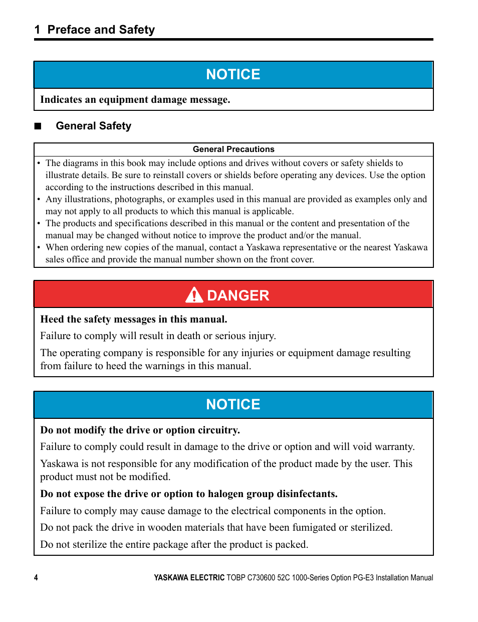 Notice, Danger | Yaskawa PG-E3 Motor Encoder Feedback User Manual | Page 5 / 33