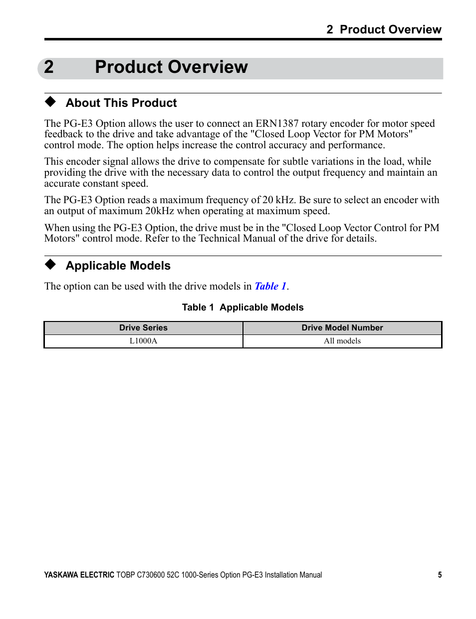 2 product overview, About this product, Applicable models | 2product overview | Yaskawa PG-E3 Motor Encoder Feedback User Manual | Page 6 / 33