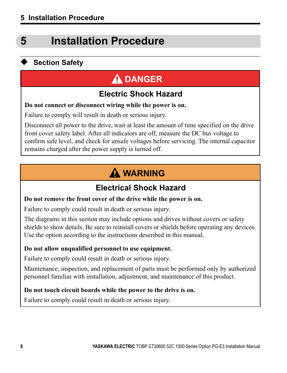 5 installation procedure, Section safety, 5installation procedure | Yaskawa PG-E3 Motor Encoder Feedback User Manual | Page 9 / 33