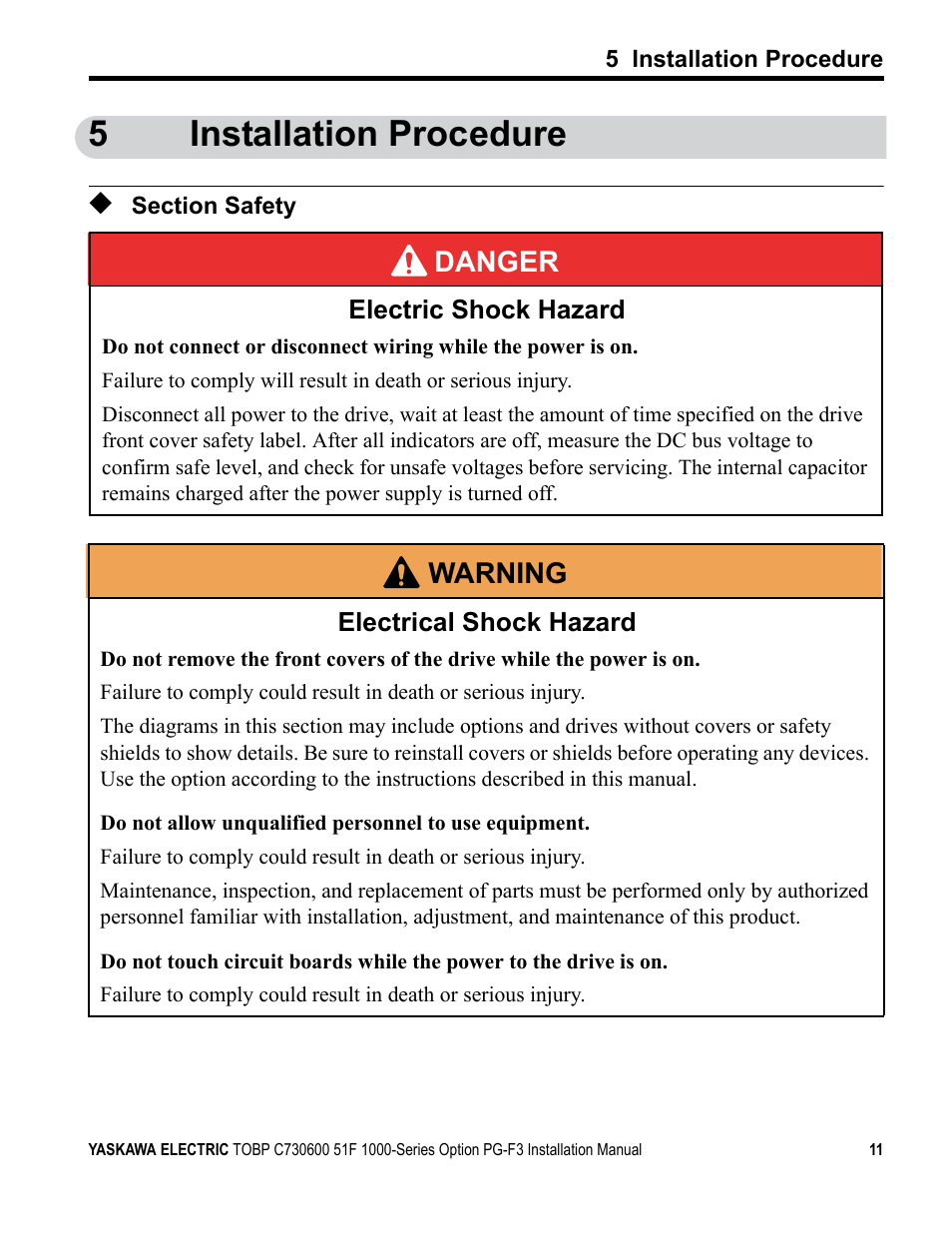 5 installation procedure, Section safety, 5installation procedure | Yaskawa Option PG-F3 Motor Encoder Feedback User Manual | Page 11 / 45