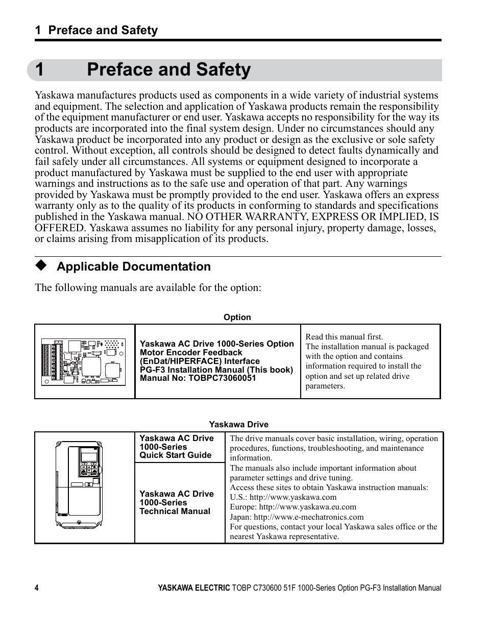 1 preface and safety, Applicable documentation, 1preface and safety | Yaskawa Option PG-F3 Motor Encoder Feedback User Manual | Page 4 / 45