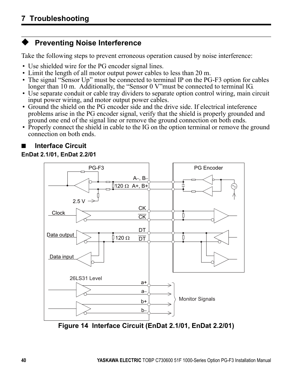 Preventing noise interference, 7 troubleshooting | Yaskawa Option PG-F3 Motor Encoder Feedback User Manual | Page 40 / 45