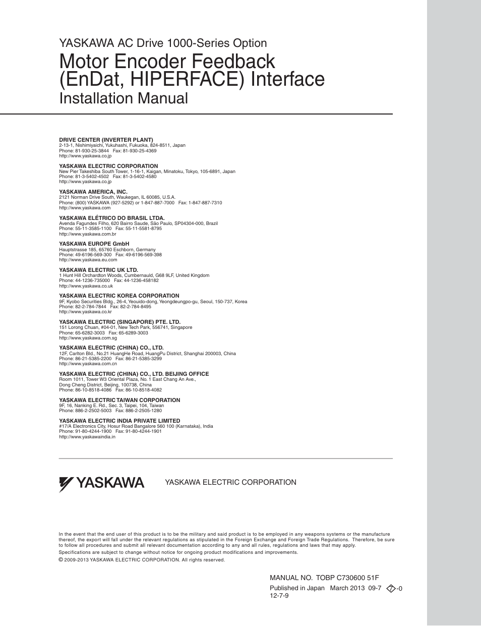 Back cover, Installation manual, Yaskawa ac drive 1000-series option | Yaskawa Option PG-F3 Motor Encoder Feedback User Manual | Page 45 / 45