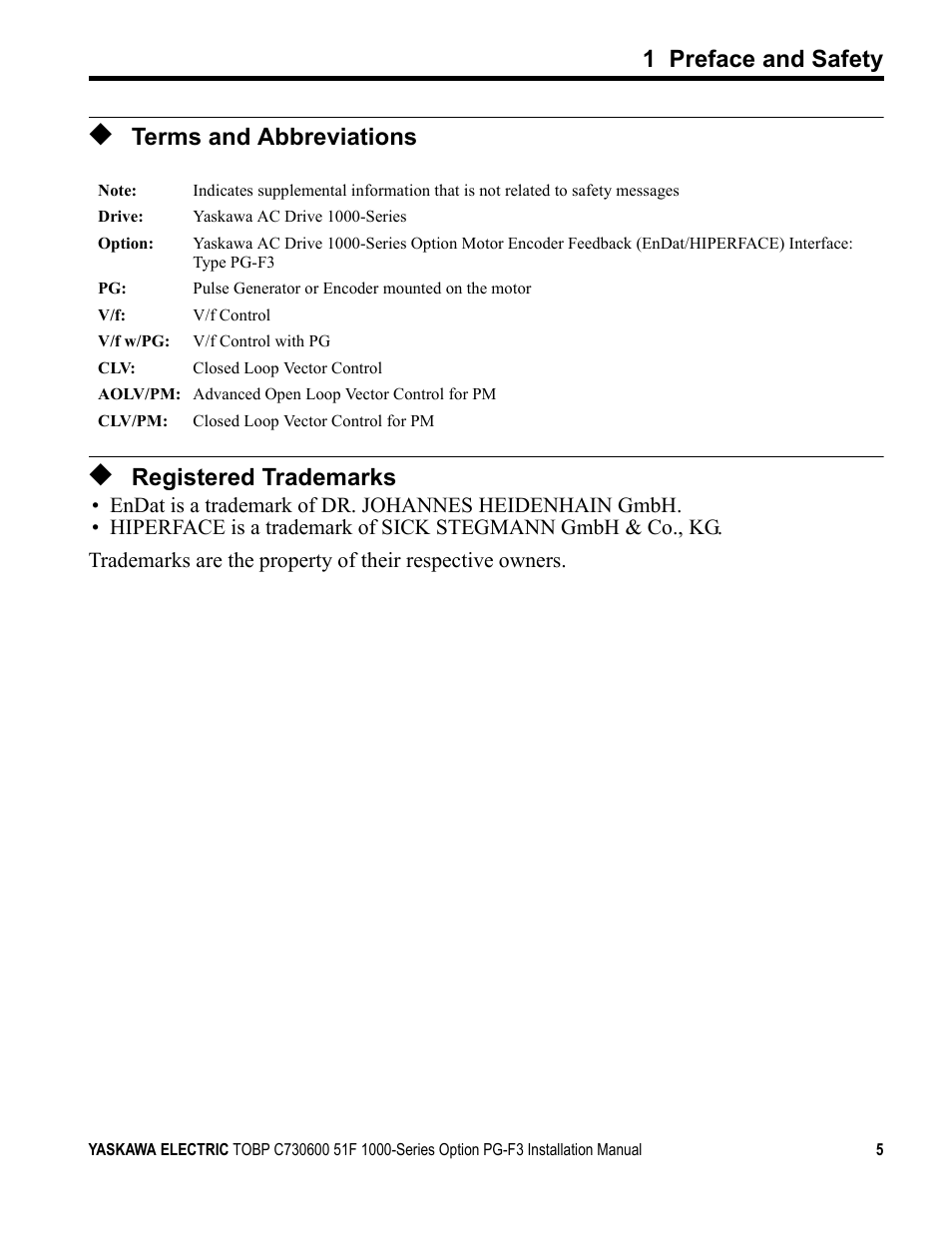 Terms and abbreviations, Registered trademarks, 1 preface and safety | Yaskawa Option PG-F3 Motor Encoder Feedback User Manual | Page 5 / 45