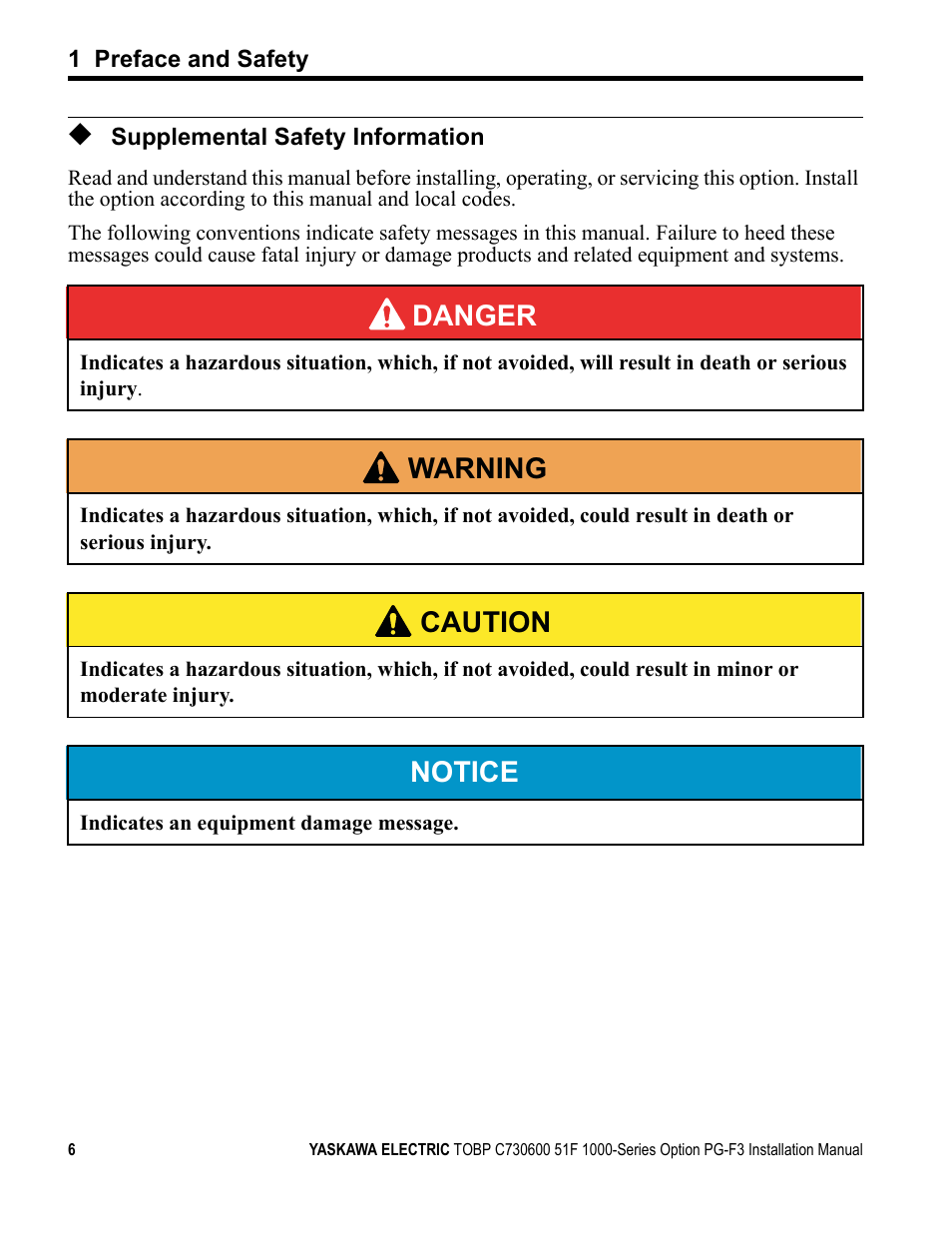 Supplemental safety information, Danger, W arning | Caution, Notice | Yaskawa Option PG-F3 Motor Encoder Feedback User Manual | Page 6 / 45