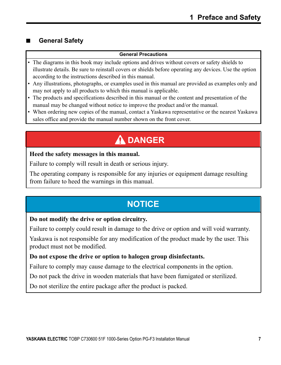 Danger, Notice | Yaskawa Option PG-F3 Motor Encoder Feedback User Manual | Page 7 / 45