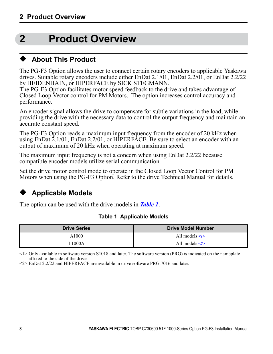 2 product overview, About this product, Applicable models | 2product overview | Yaskawa Option PG-F3 Motor Encoder Feedback User Manual | Page 8 / 45