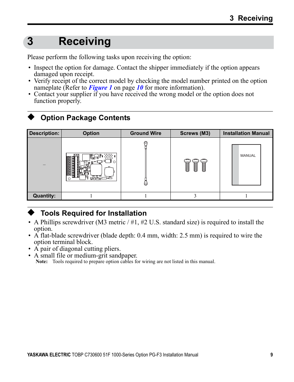 3 receiving, Option package contents, Tools required for installation | 3receiving | Yaskawa Option PG-F3 Motor Encoder Feedback User Manual | Page 9 / 45