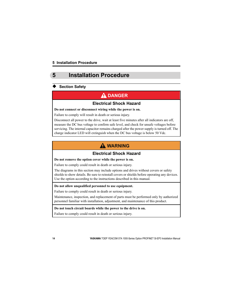 5 installation procedure, Section safety, 5installation procedure | Yaskawa SI-EP3 PROFINET Installation User Manual | Page 14 / 56