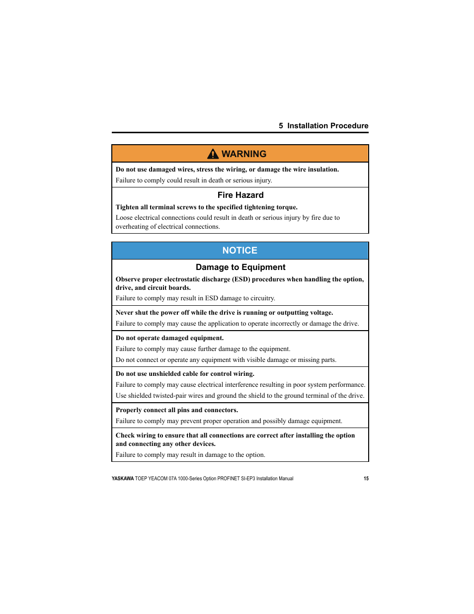 Notice, W arning | Yaskawa SI-EP3 PROFINET Installation User Manual | Page 15 / 56