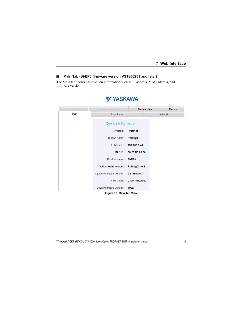 7 web interface | Yaskawa SI-EP3 PROFINET Installation User Manual | Page 31 / 56