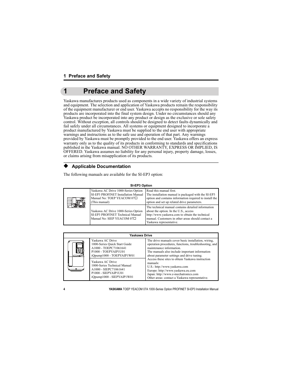 1 preface and safety, Applicable documentation, 1preface and safety | Yaskawa SI-EP3 PROFINET Installation User Manual | Page 4 / 56