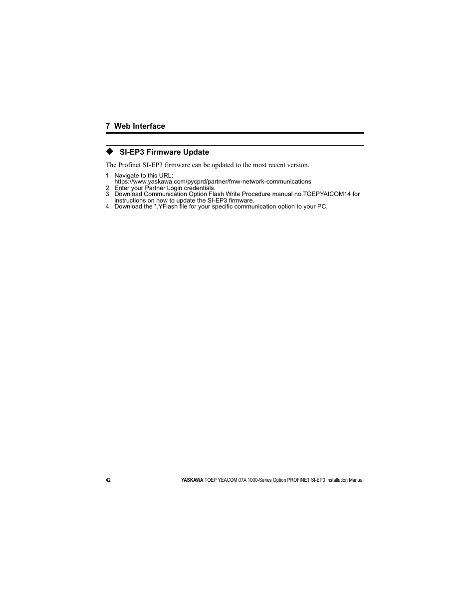 Si-ep3 firmware update, To update si-ep3 op | Yaskawa SI-EP3 PROFINET Installation User Manual | Page 42 / 56