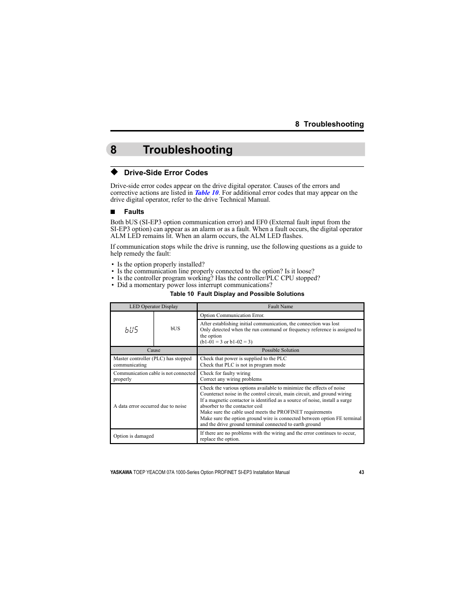 8 troubleshooting, Drive-side error codes, 8troubleshooting | Yaskawa SI-EP3 PROFINET Installation User Manual | Page 43 / 56