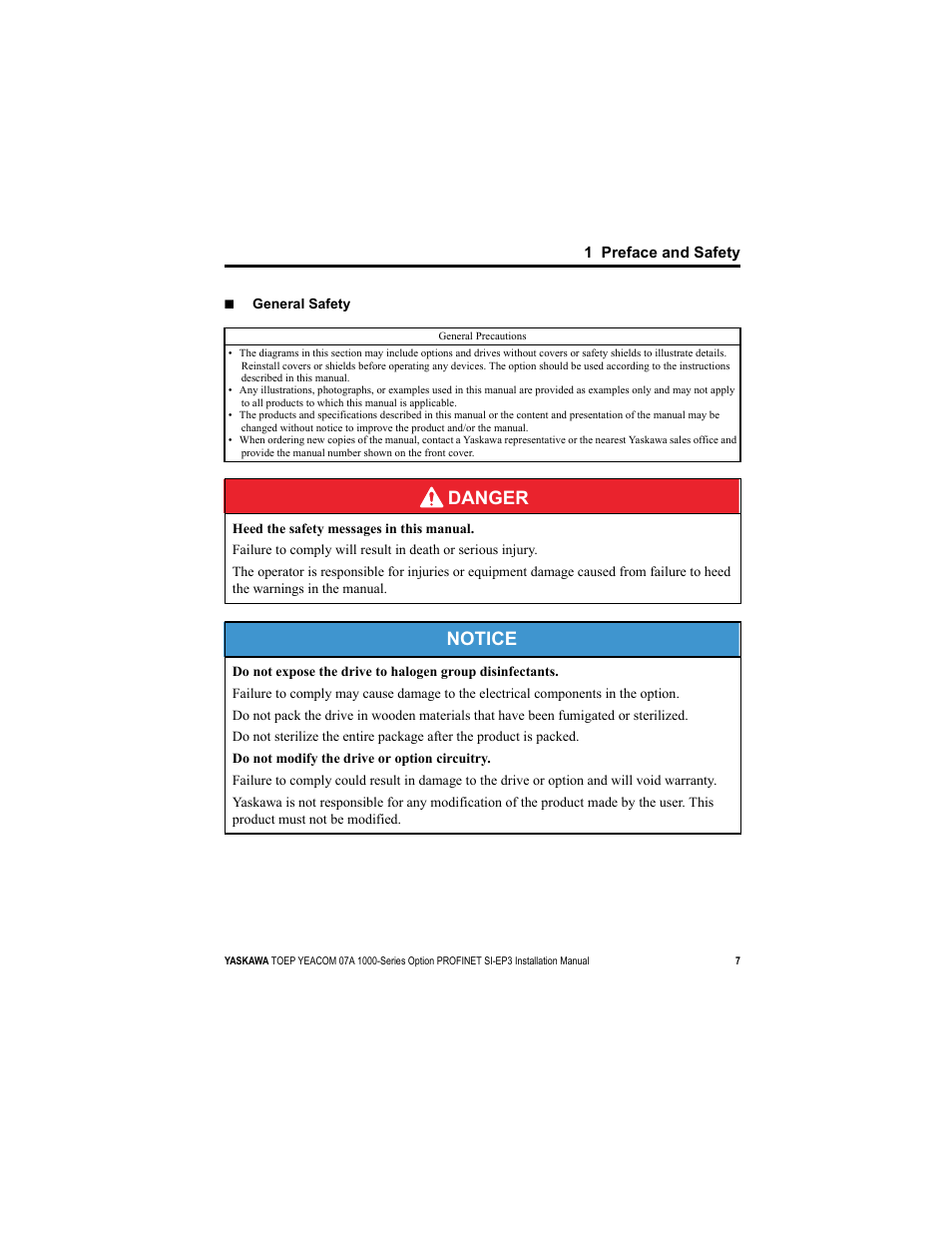 Danger, Notice | Yaskawa SI-EP3 PROFINET Installation User Manual | Page 7 / 56