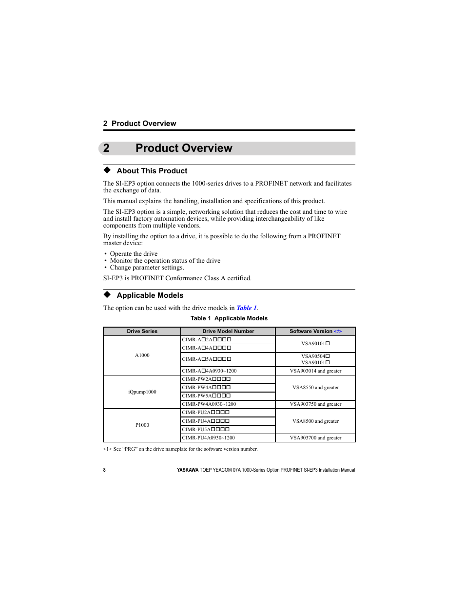 2 product overview, About this product, Applicable models | 2product overview | Yaskawa SI-EP3 PROFINET Installation User Manual | Page 8 / 56