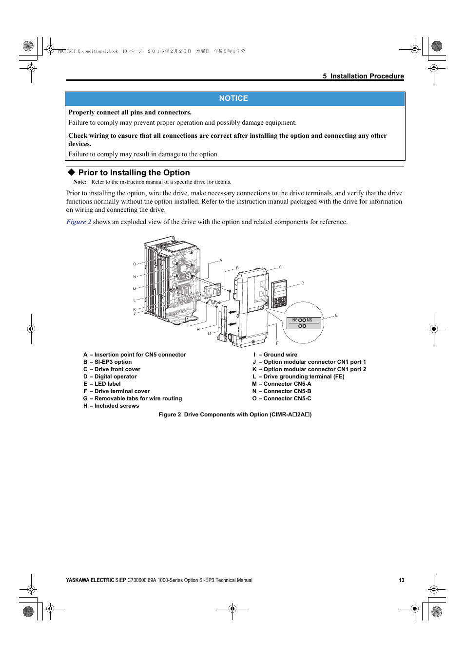 Prior to installing the option, Notice, A1000 | 5 installation procedure | Yaskawa SI-EP3 PROFINET Technical Manual User Manual | Page 13 / 53