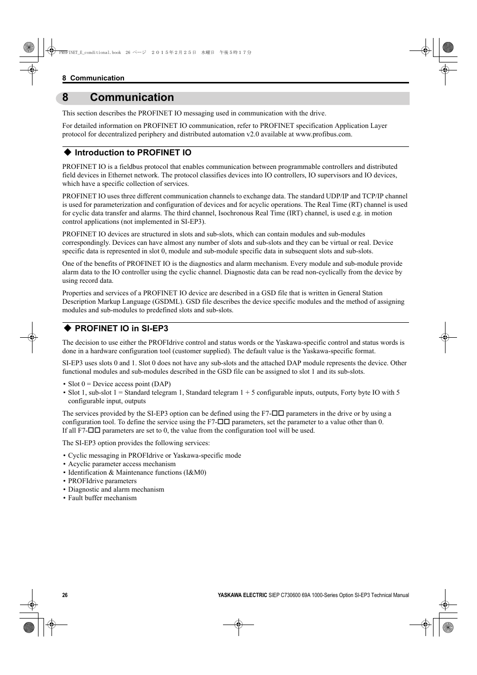 8 communication, Introduction to profinet io, Profinet io in si-ep3 | 8communication | Yaskawa SI-EP3 PROFINET Technical Manual User Manual | Page 26 / 53