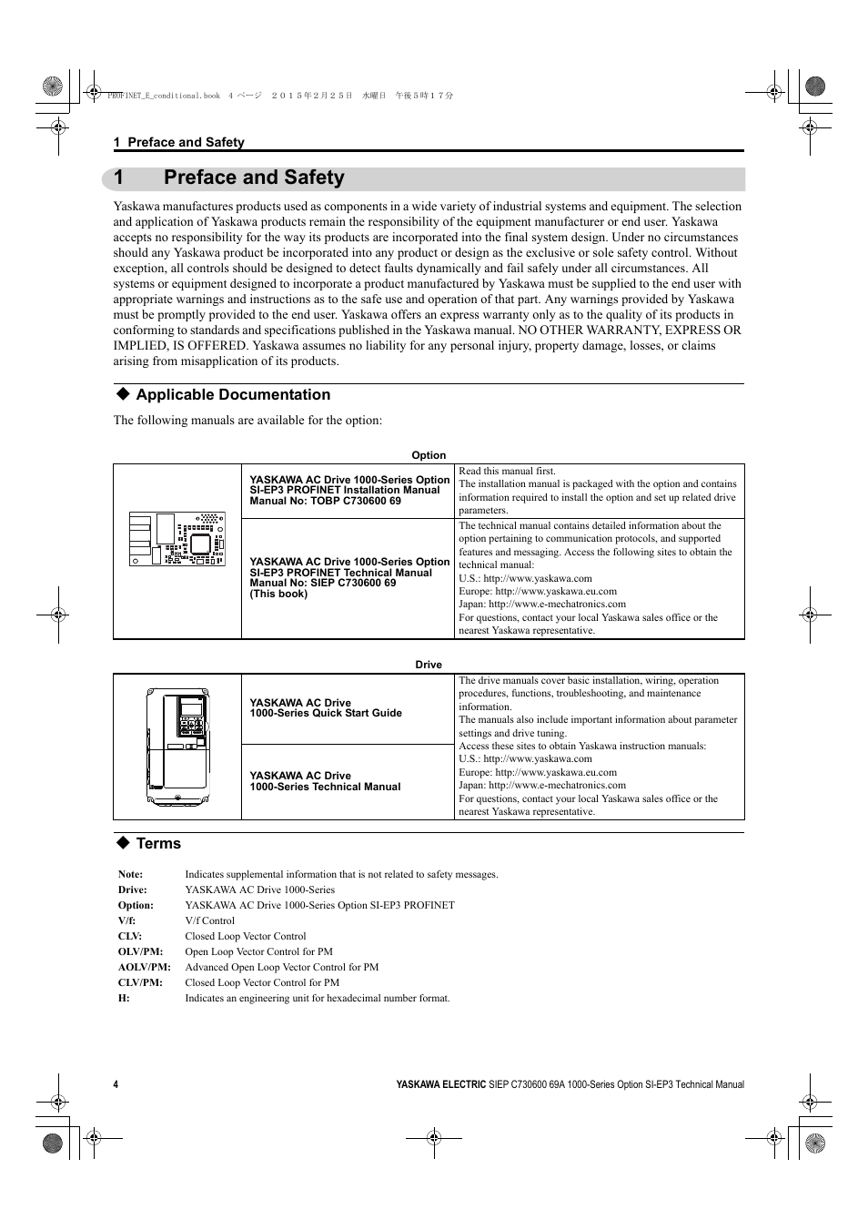 1 preface and safety, Applicable documentation, Terms | 1preface and safety | Yaskawa SI-EP3 PROFINET Technical Manual User Manual | Page 4 / 53