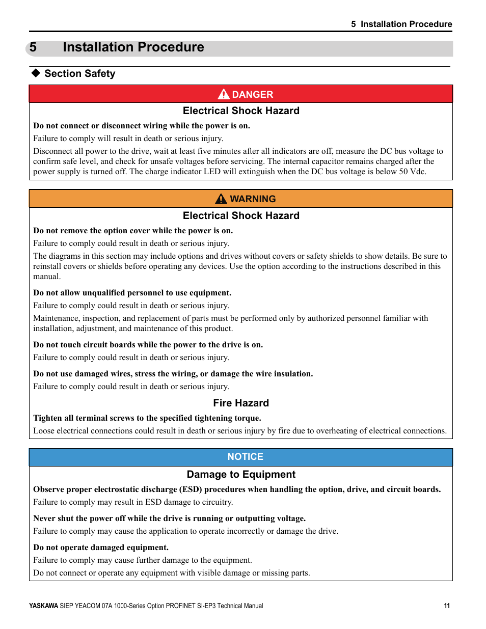 5 installation procedure, Section safety, Installation procedure | 5installation procedure | Yaskawa PROFINET User Manual | Page 11 / 62
